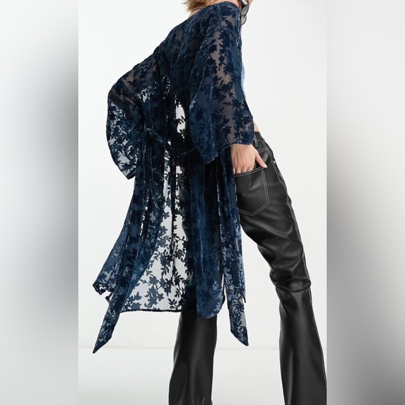 Sisters Of The Tribe kimono with tie front in twotone teal velvet burnout Sz 16 - Picture 1 of 6